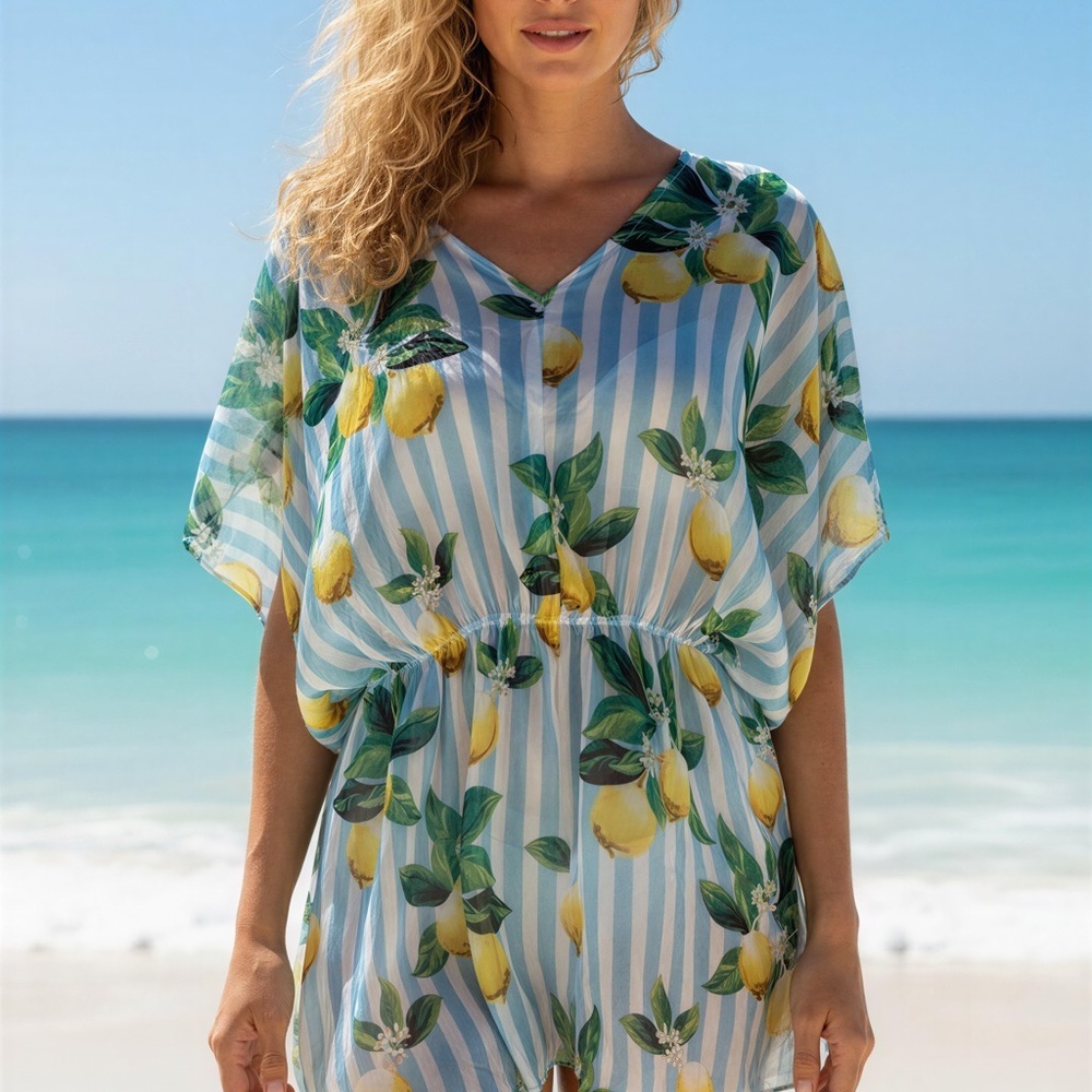 FREE* West Loop Women Sheer Beach Swimsuit Cover Up Lemons Silky Soft EUC